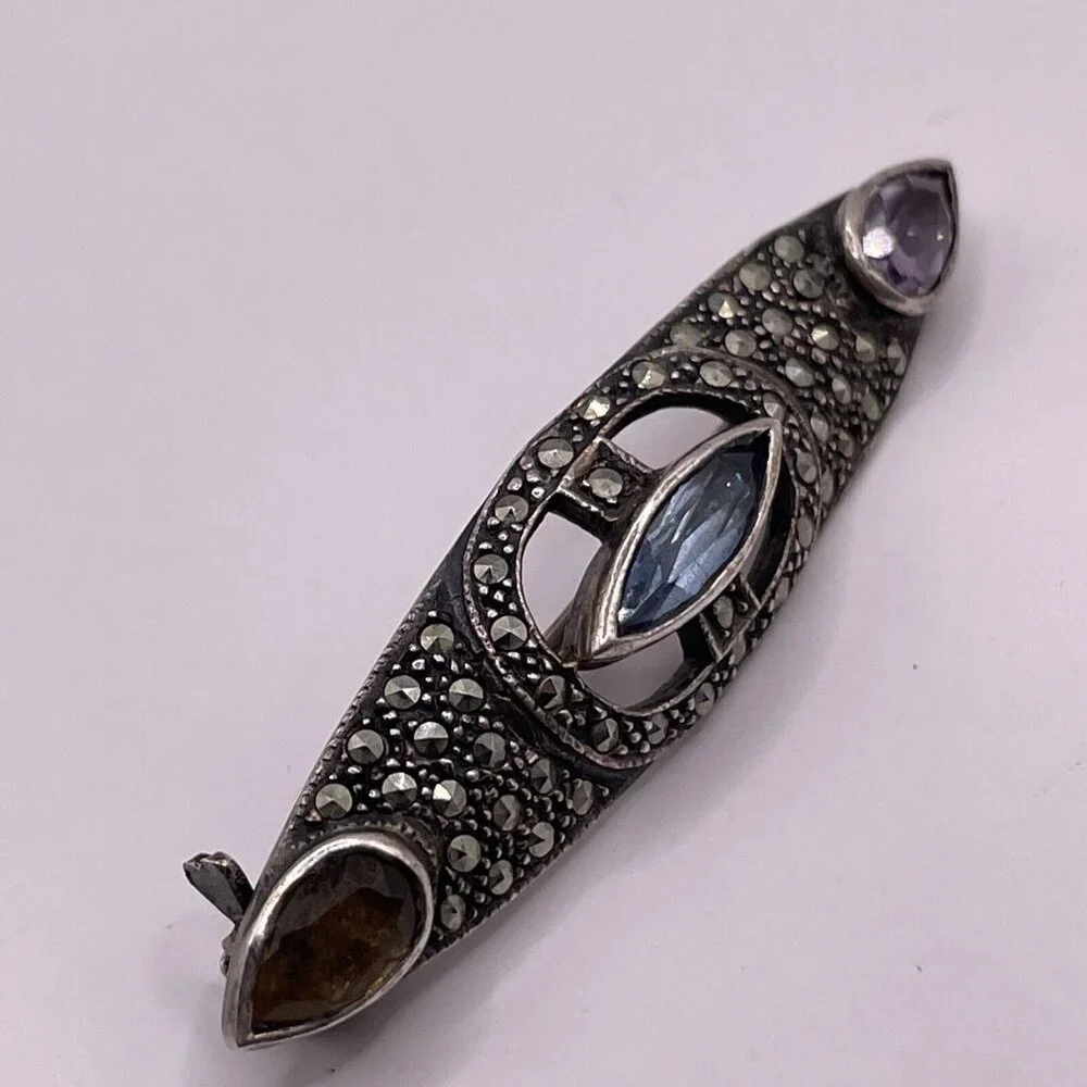 925 Sterling Silver Vintage Blue Topaz‎ Amethyst Citrine & Marcasite Brooch Pin